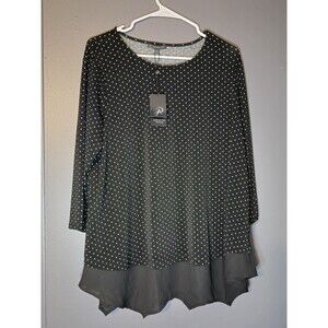 Adrianna Papell Blouse 1X  Black White Polka Dots Scoop Neck 3/4 Sleeve